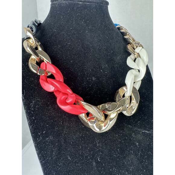 Retro Gold Pink & Blue Chunky Necklace Alternating Pattern Collar Jewelry 1pc - Picture 1 of 3